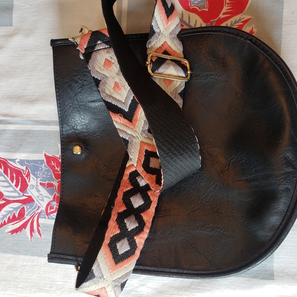 Black Leather Bag with Patterned Strap